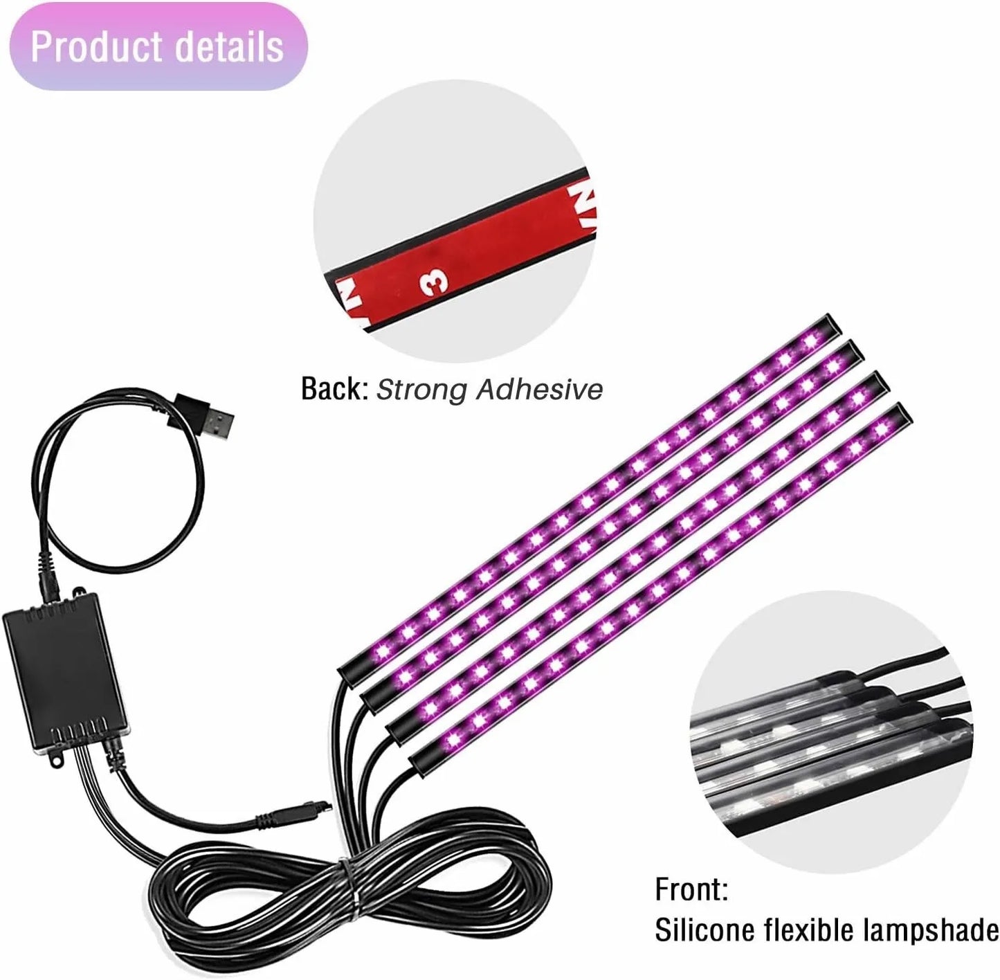Car LED Interior Lights Strip Ambient Lighting Usb Port Bluetooth App Control