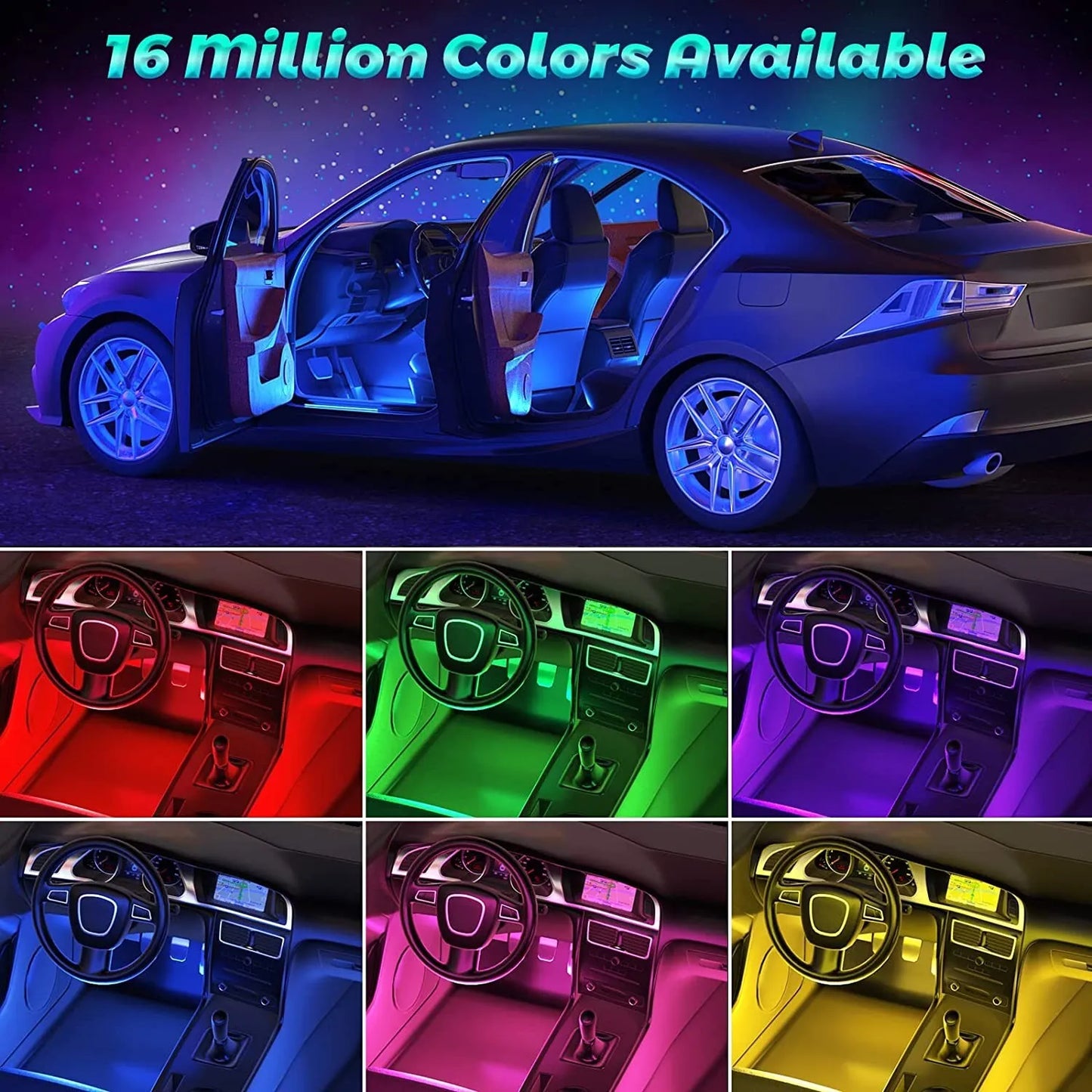 Car LED Interior Lights Strip Ambient Lighting Usb Port Bluetooth App Control