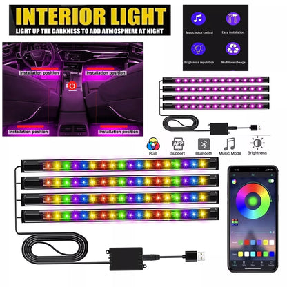 Car LED Interior Lights Strip Ambient Lighting Usb Port Bluetooth App Control