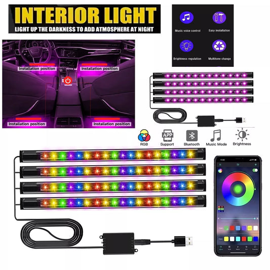 Car LED Interior Lights Strip Ambient Lighting Usb Port Bluetooth App Control